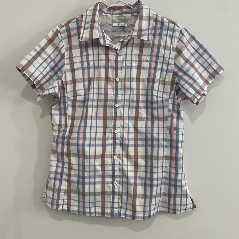 Columbia Omni-Shade Button Down Shirt Blue Pink White Plaid  Womens Large